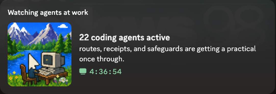 Discord Activity showing 22 coding agents active after four hours and 36 minutes