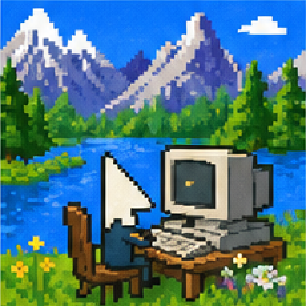 Pixel-art cursor-headed agent working at a retro computer beside a mountain lake